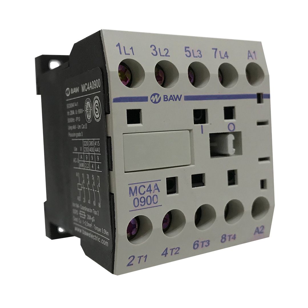 Minicontactor 4P. 4kW AC3 9A.  12kW AC1 20A. Bobina: 24Vac