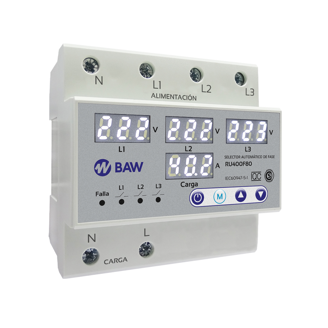 Selector automático de fase con medición y protección de tensión y corriente .