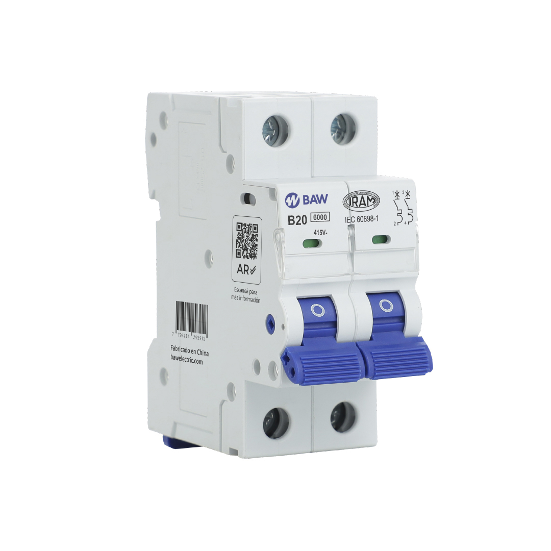 Interruptor Termomagnético 2P. 20A Icn 6kA Curva B. Serie L.